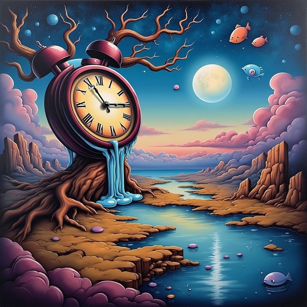 Surrealistic Clockscape with Twisted Tree and Celestial Elem...