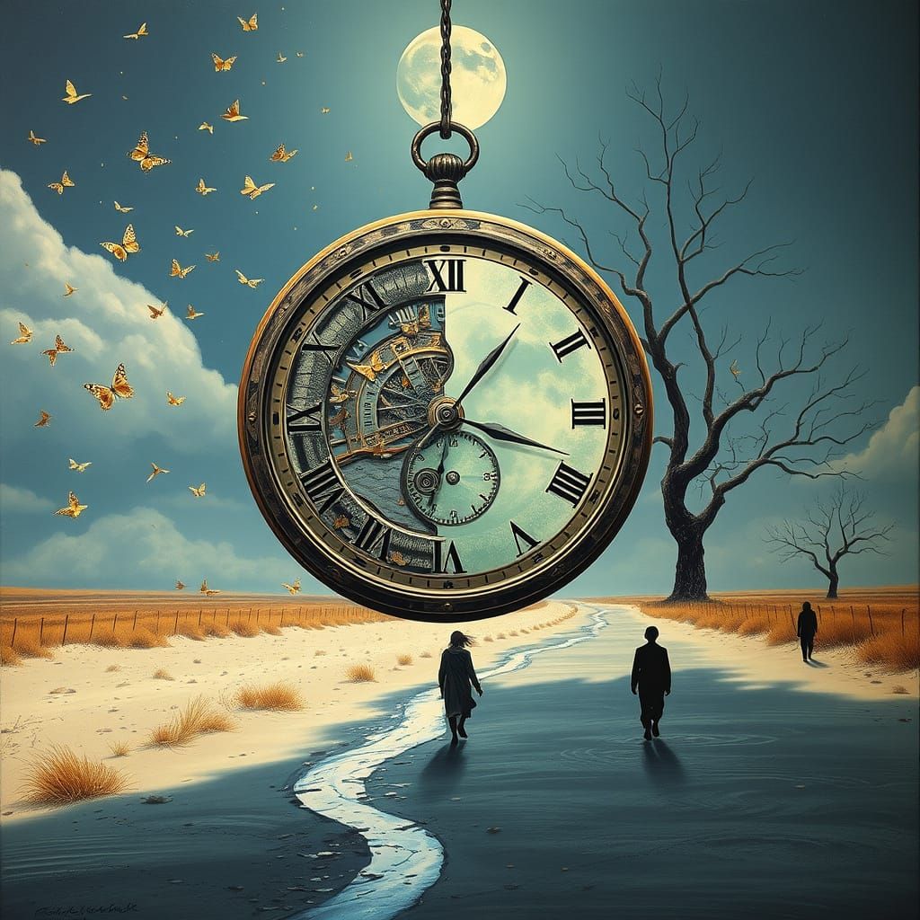 Giant Time-Sand Clock Suspended in Mid-Air with Falling Star...