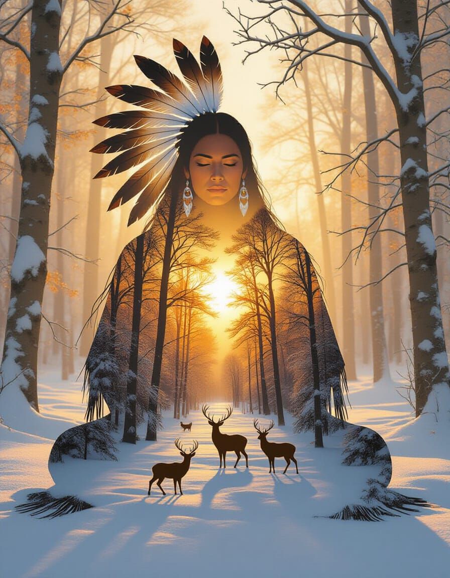 Native Spirit Guide Meditation in Snowy Forest Silhouette