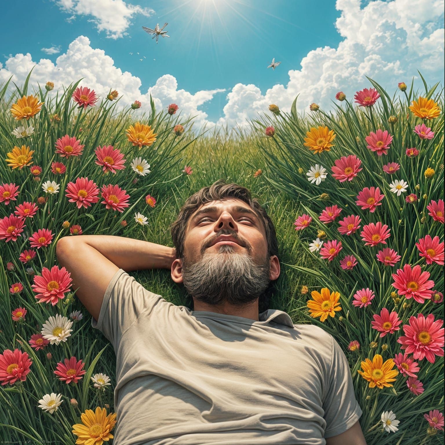 Man in Flower Meadow: Comic 3D Art