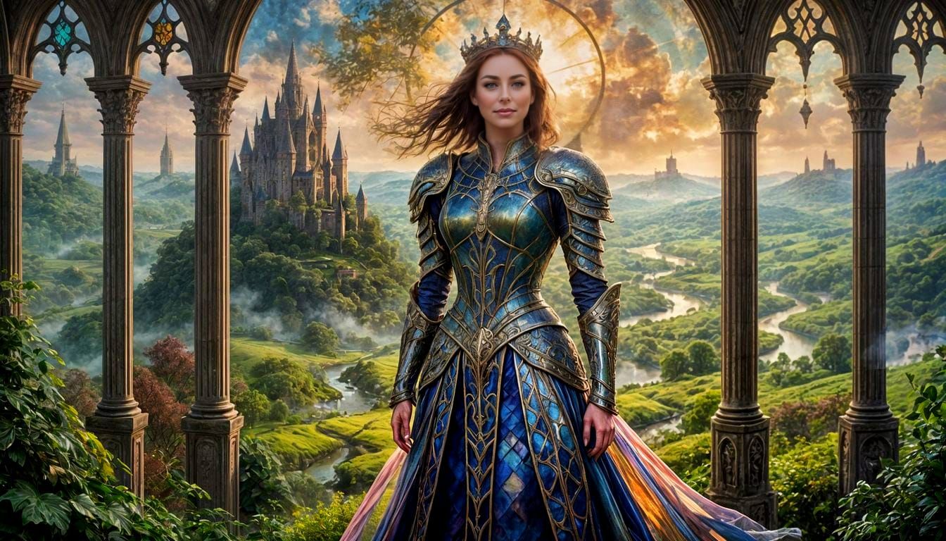 Fantasy Queen in Stained Glass Armor Amidst Foggy English Co...