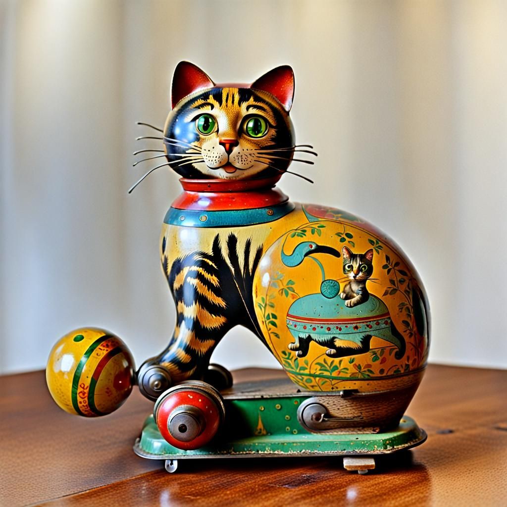 Antique Lithographed Wind-Up Tabby Cat Toy