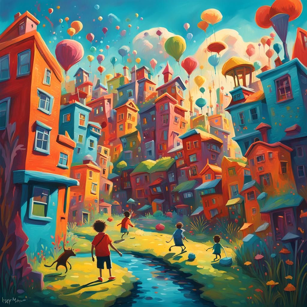 Whimsical Landscape with Fantastical Animals in Splash Art