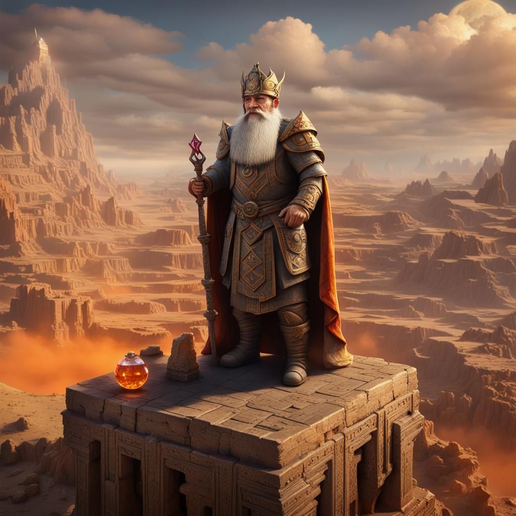 Dwarven King on Ziggurat with Crystal, Fantasy Art
