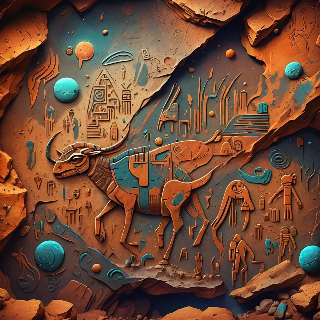 Alien Cave Painting with Futuristic Hieroglyphs