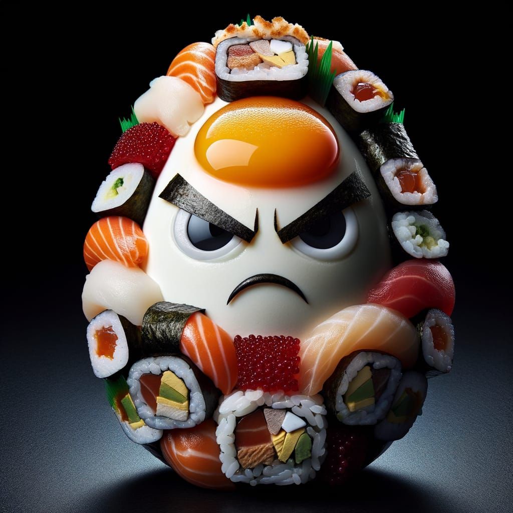 An Egg of Anger Adorned with Vibrant Sushi