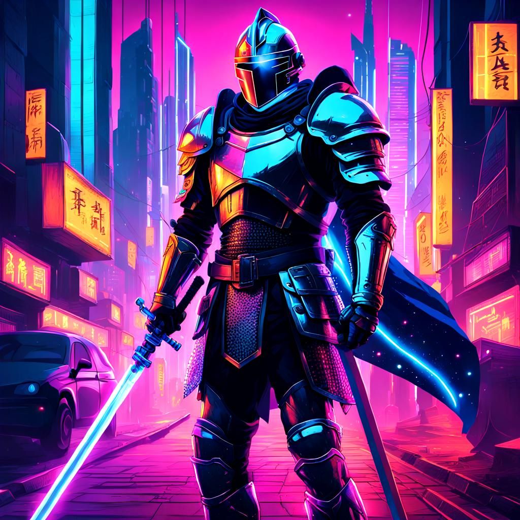Medieval Knight in Cyberpunk City with Laser Sword