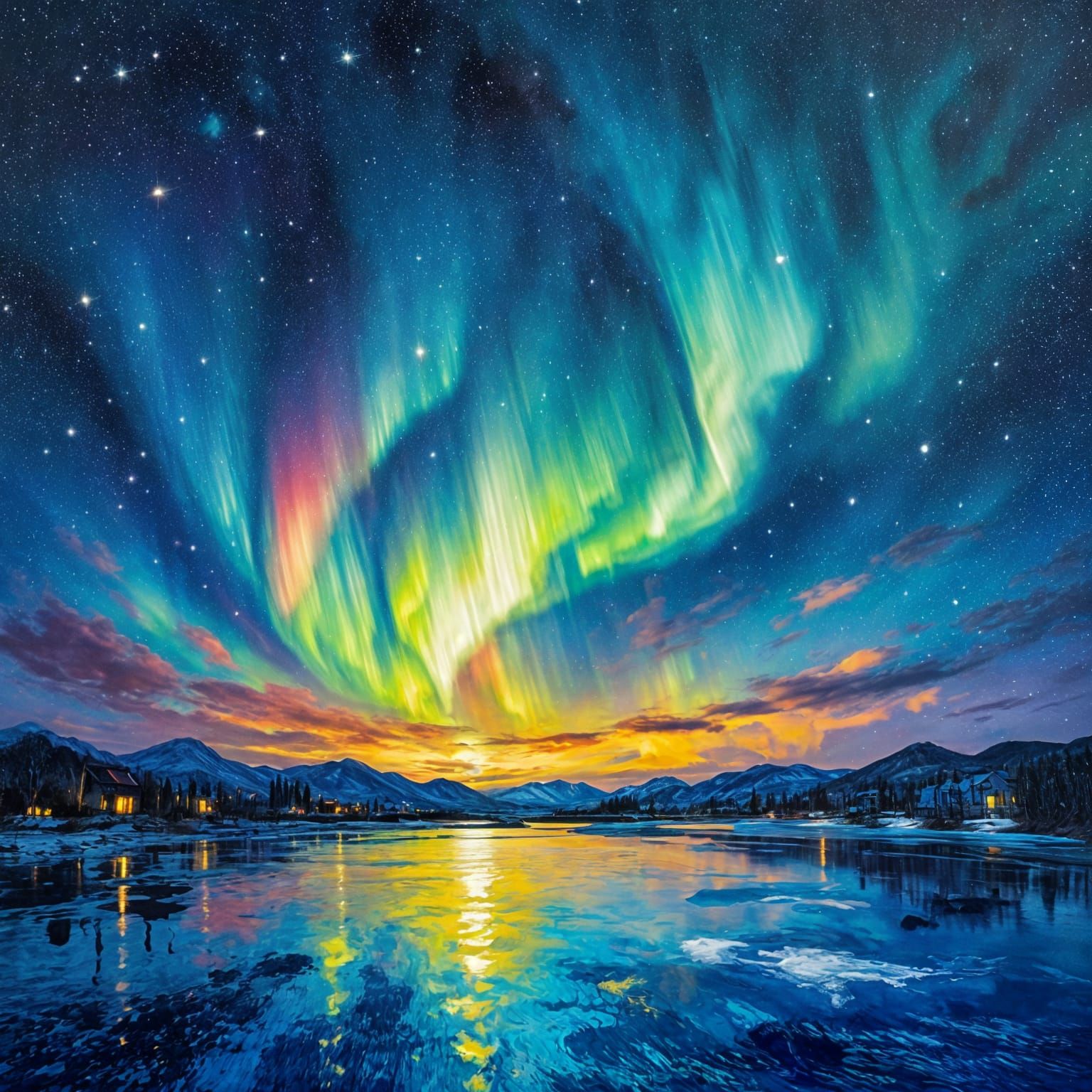 Aurora Borealis and Rainbows in Van Gogh Style