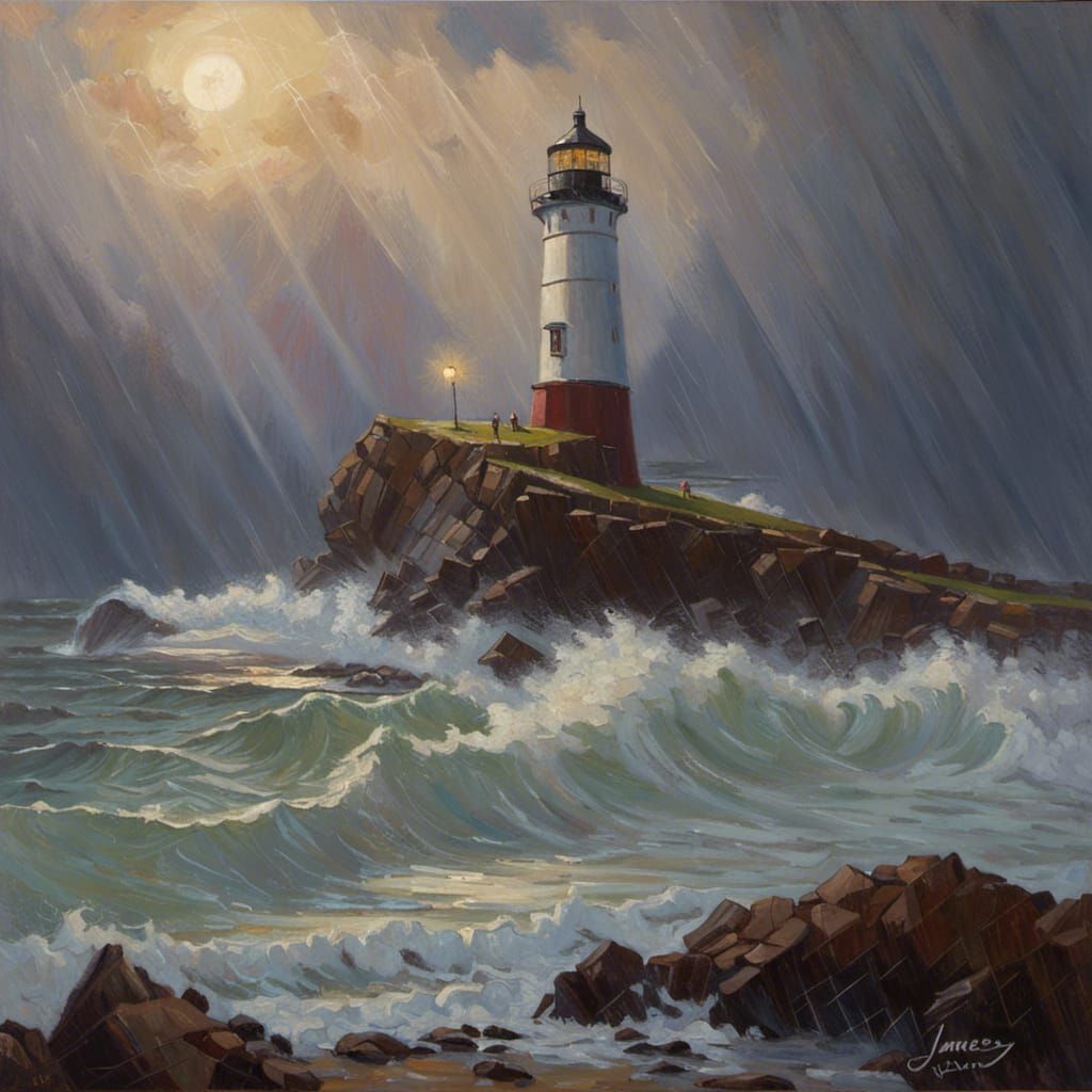 Lighthouse in Storm: An Oil Painting