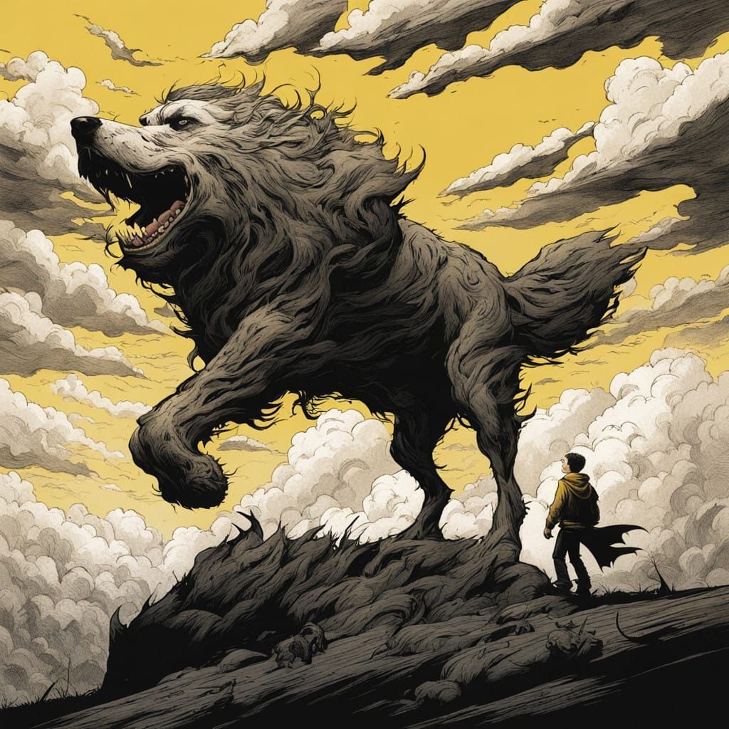 Boy Riding a Furry Dog in Dark Fantasy Style