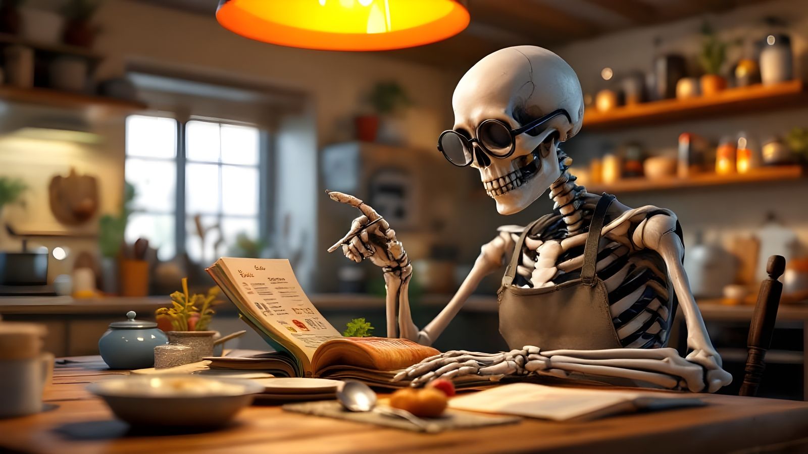 Humorous Skeleton Chef Reads Cookbook