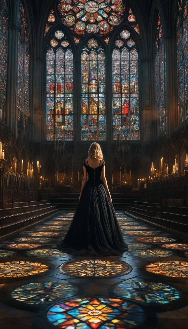 Gothic Woman in Grand Church, Hyper-Realism Style