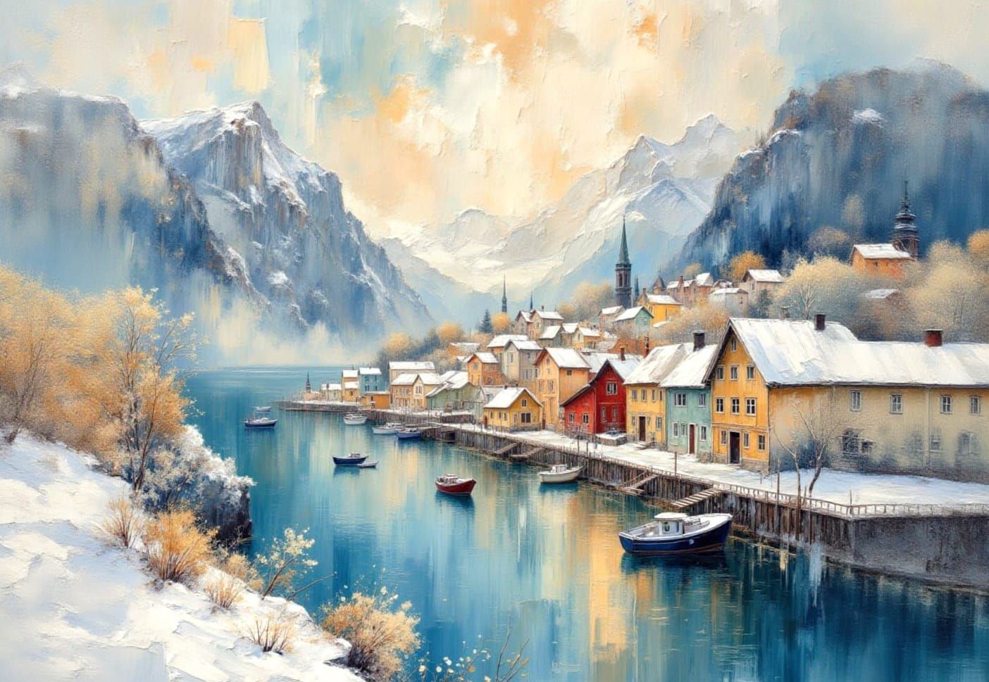 Norwegian Coastal Hamlet Aerial View in Impressionist Waterc...