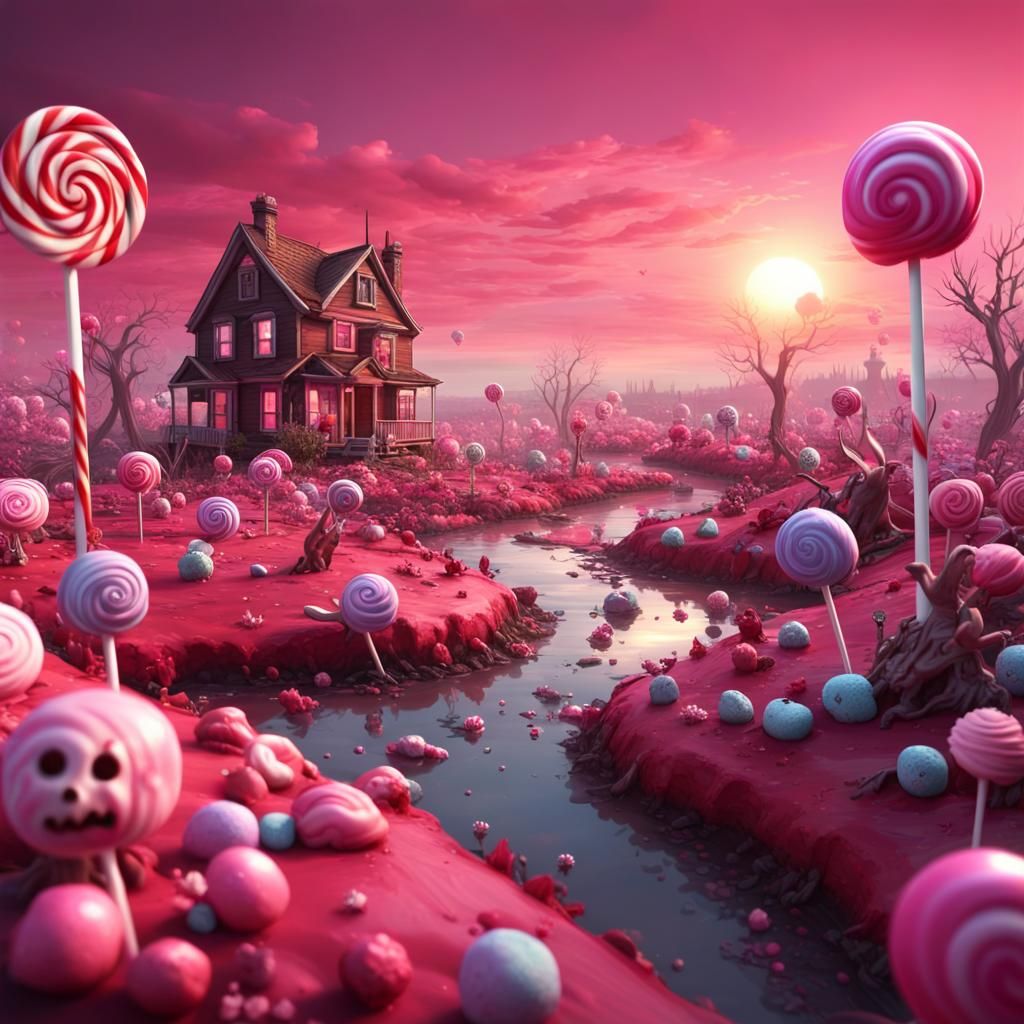 Evil Zombies Invade Lollipop Landscape at Sunset