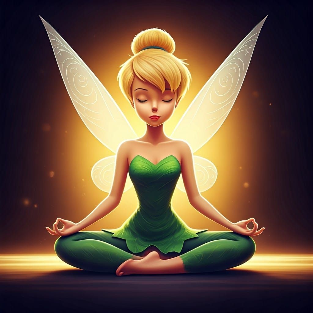 Whimsical Cartoon Tinkerbell in Yoga Lotus Position