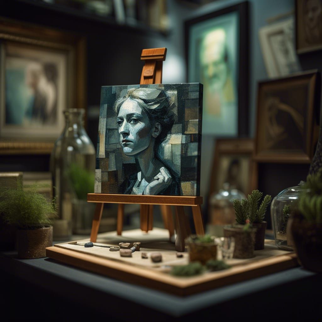 Cubist Woman Painting in Terrarium, Tilt-Shift Style