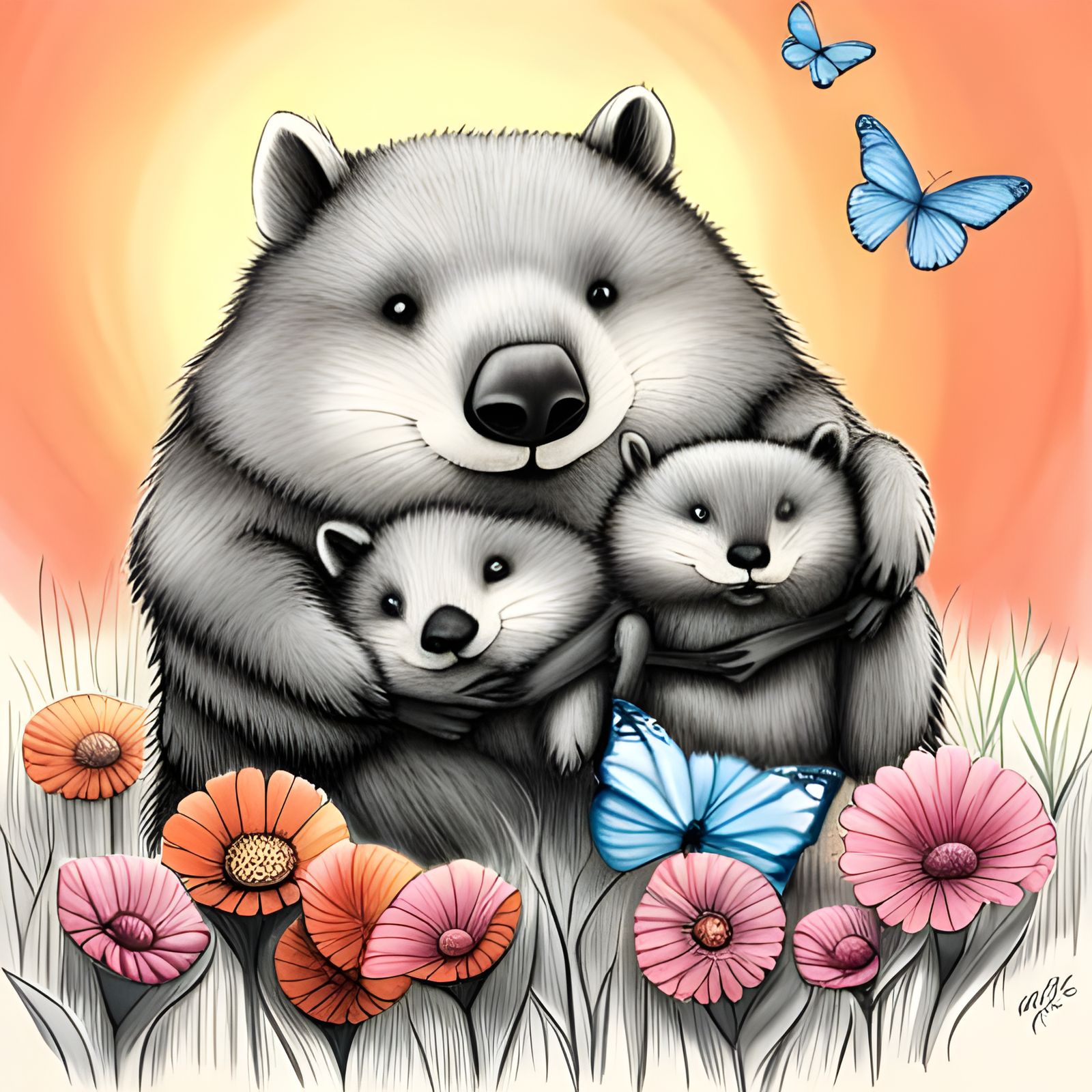 Hippie Wombat Mother & Baby Spreading Peace