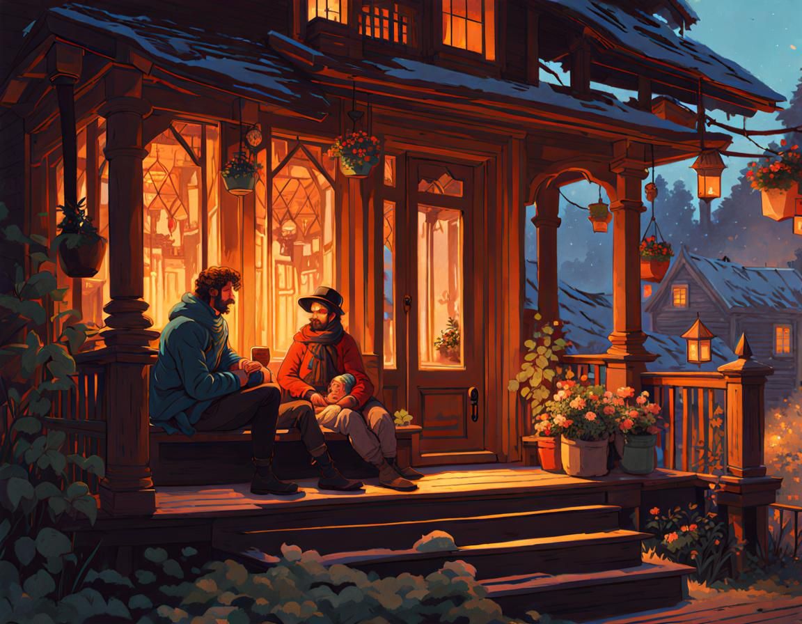 Queer Couple Cuddling at Home, Inspired by Folklore Art