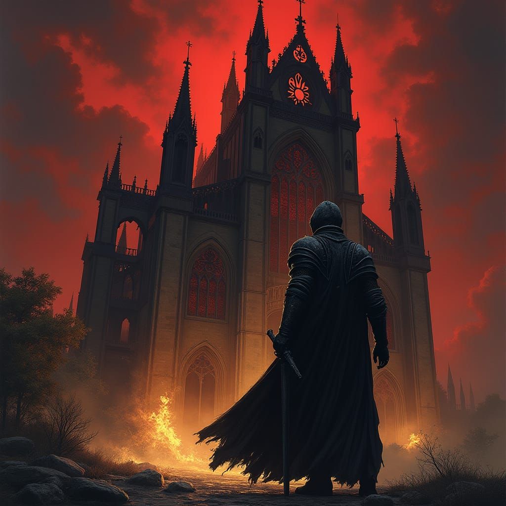 Gothic Knight Guards Ancient Cathedral in Turbulent Blood-Re...