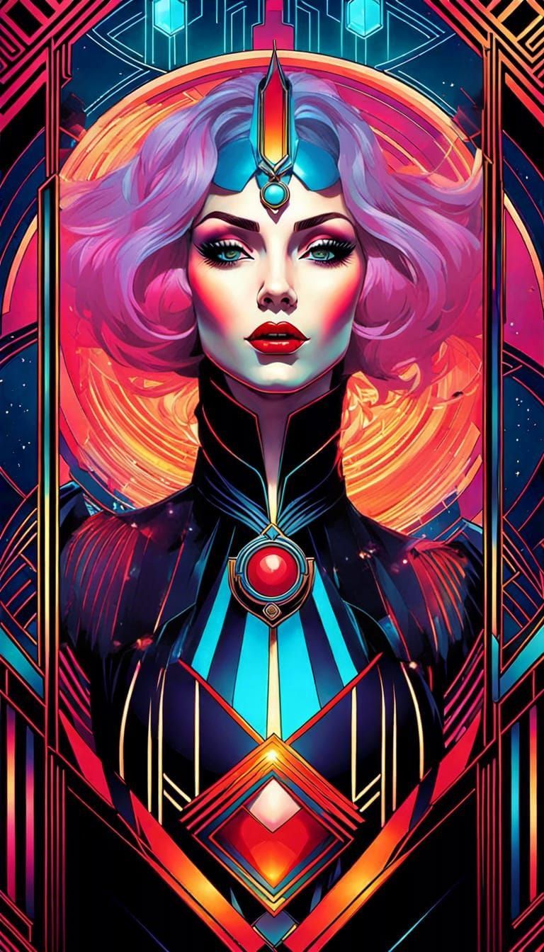 Cyberpunk Vampire with Pink Hair in Art Deco Style