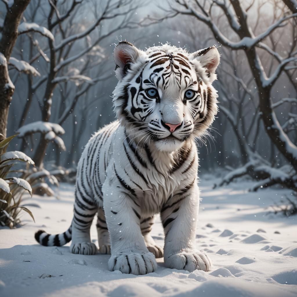 Cute Baby White Tiger in Snow: Digital Painting