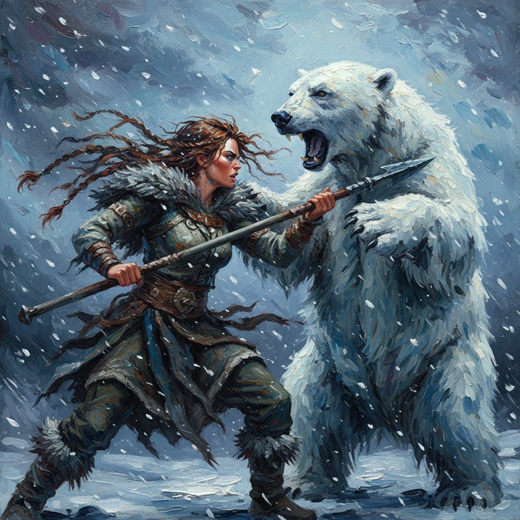 Viking Woman Battles Polar Bear: Impasto Painting