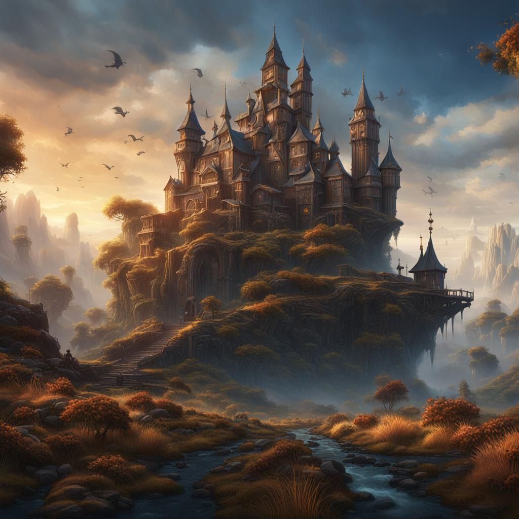 Fantastical Castle in Morning Mist: Detailed Matte Painting