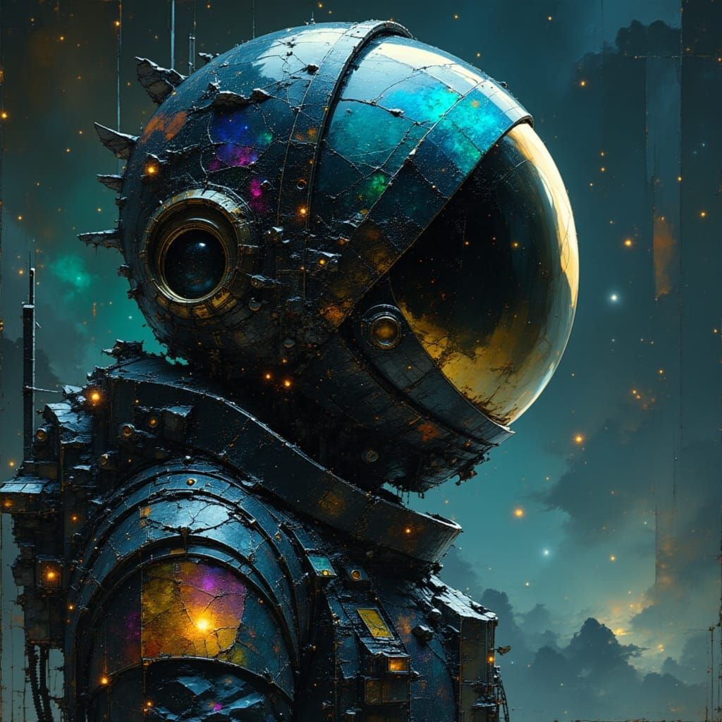 Astronaut in Obsidian Helmet Reflecting Galaxies