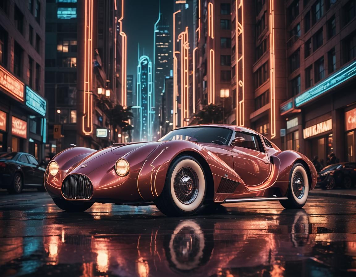 Art Deco Sports Car in Retro-Futuristic Metropolis