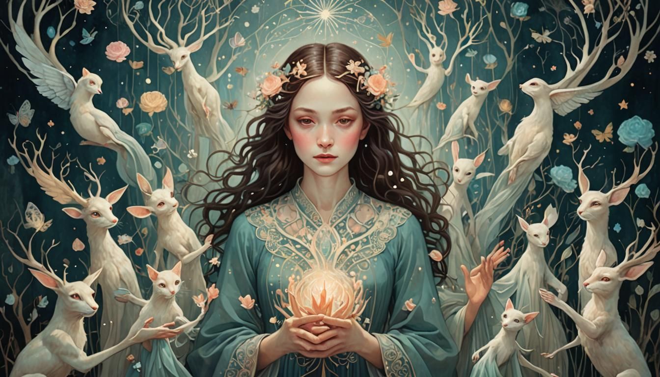 Dreamlike Fantasy Woman with Ancestral Heirlooms