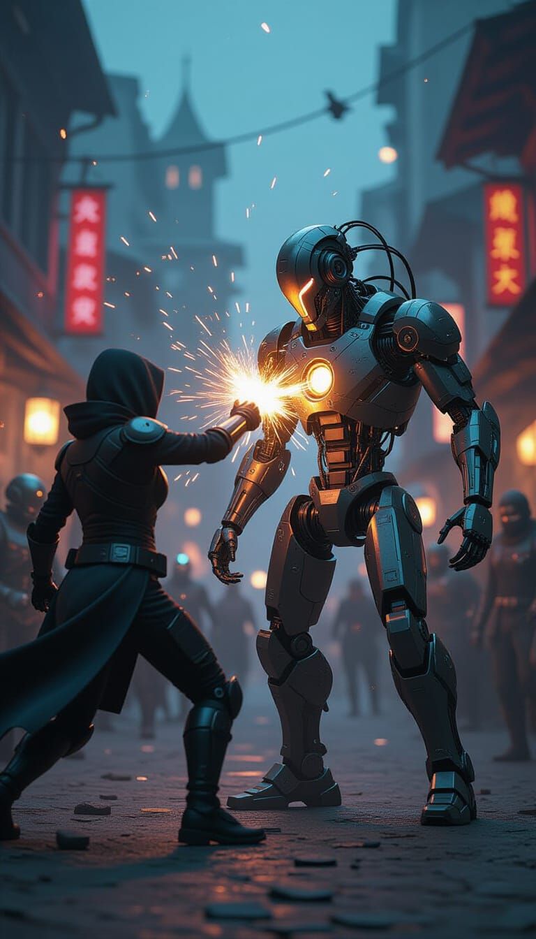 Hero Battles Cyborg in Cinematic Sci-Fi Scene