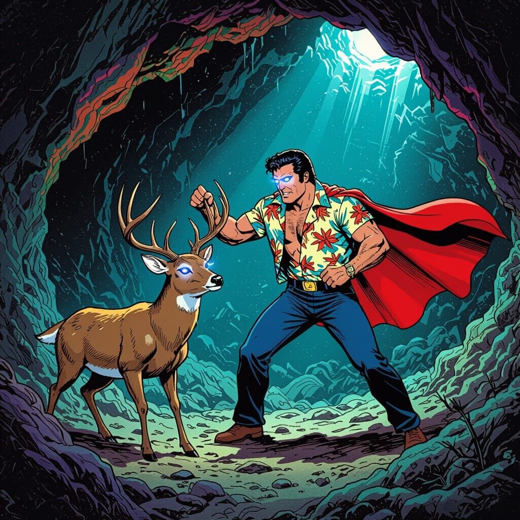 Magnum PI Wrestles Superman-Deer in Bioluminescent Cave