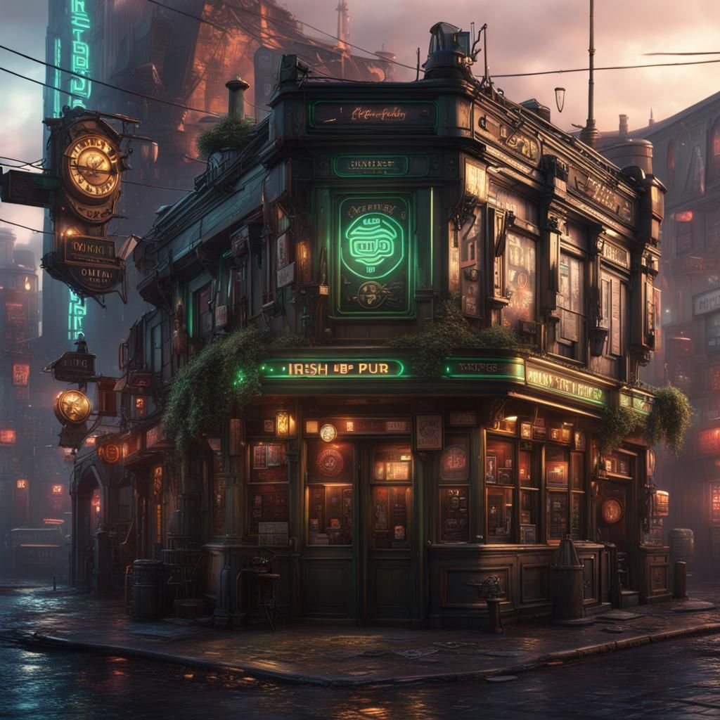 Futuristic Cyberpunk Irish Pub: Detailed Matte Painting