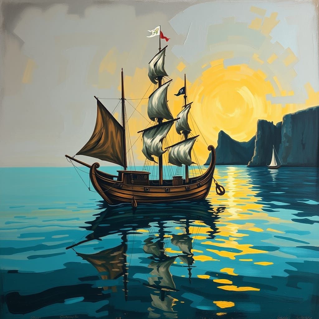 Turquoise Sea Pirate Ship in Neo-Expressionist Style