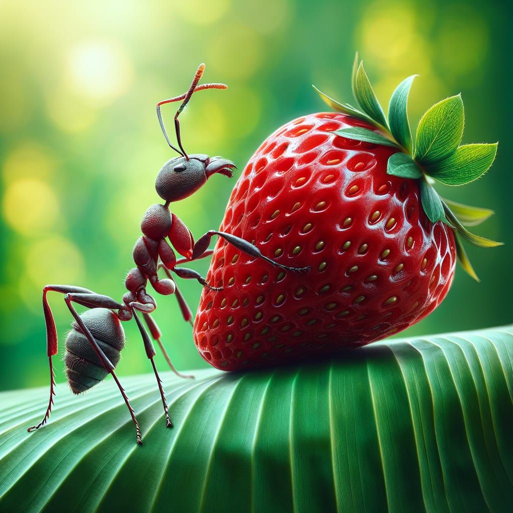 Determined Ant Carries Massive Strawberry in Jungle