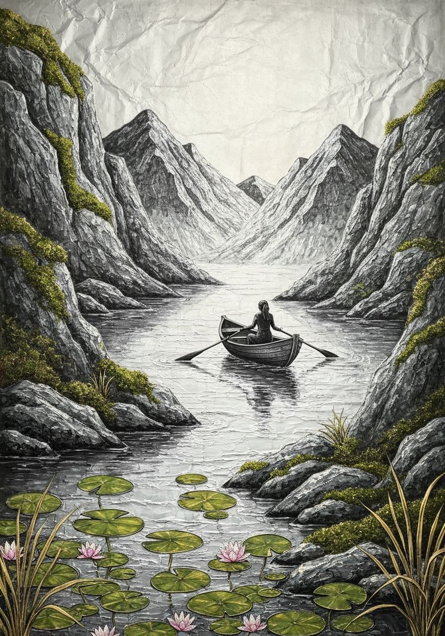 Woman Rows Boat in Foil and Ink Landscape
