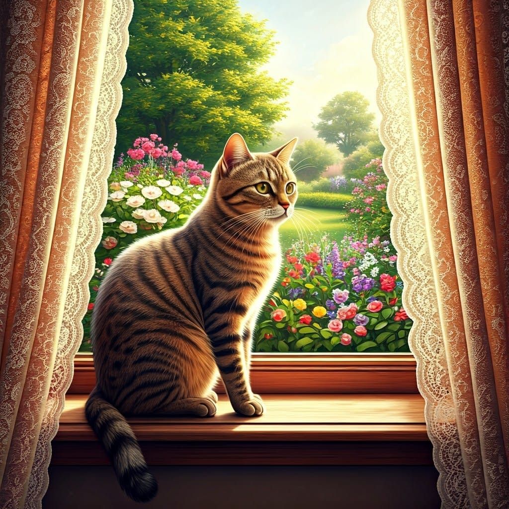 Ethereal Whimsy: Brown Tabby Cat in Dreamy Garden Scene