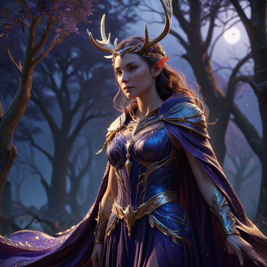 Ethereal Goddess in Shimmering Gown, Twisted Antlers, and So...