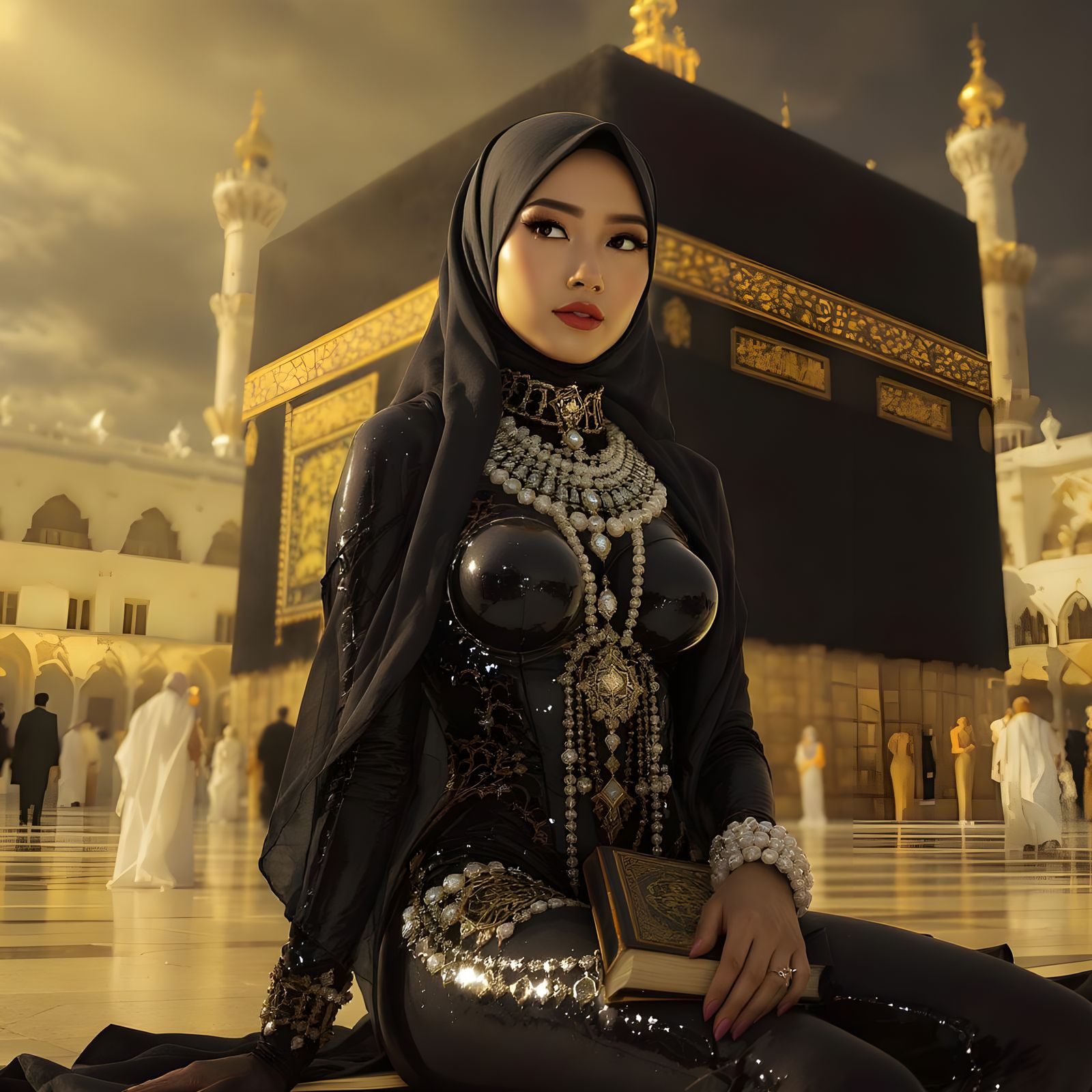 Woman in Hijab with Pearl Jewelry at the Ka'ba