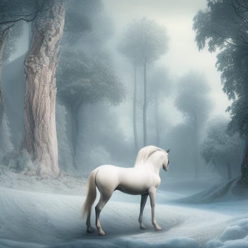 Angelic Figure with White Horse in Snowy Forest