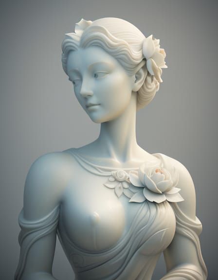 Marble Statue of Woman with Blooming Peony, Surreal Art