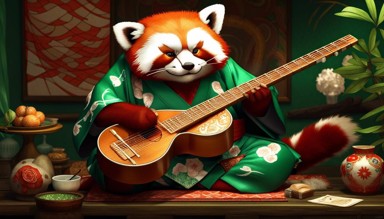 Red Panda Bard with Shamisen: Fantasycore Artwork