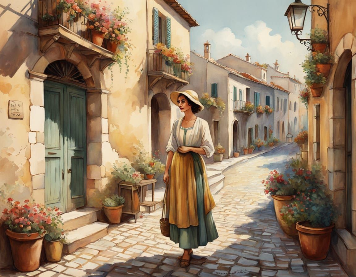 Romantic Flower Seller in Mediterranean Village Illustration