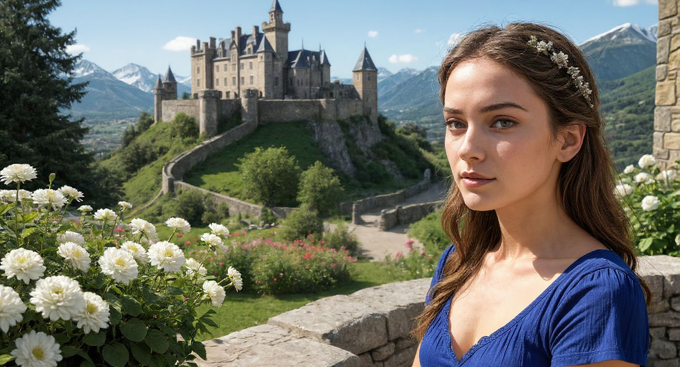 Medieval Lady in Flower Garden on Sunny Day