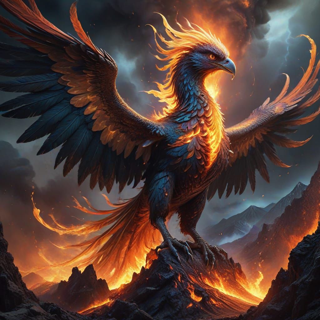 Surreal Phoenix Ascends from Volcanic Inferno in Dramatic, H...