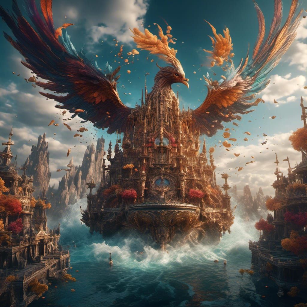 Water Phoenix in Flight: Detailed Digital Painting