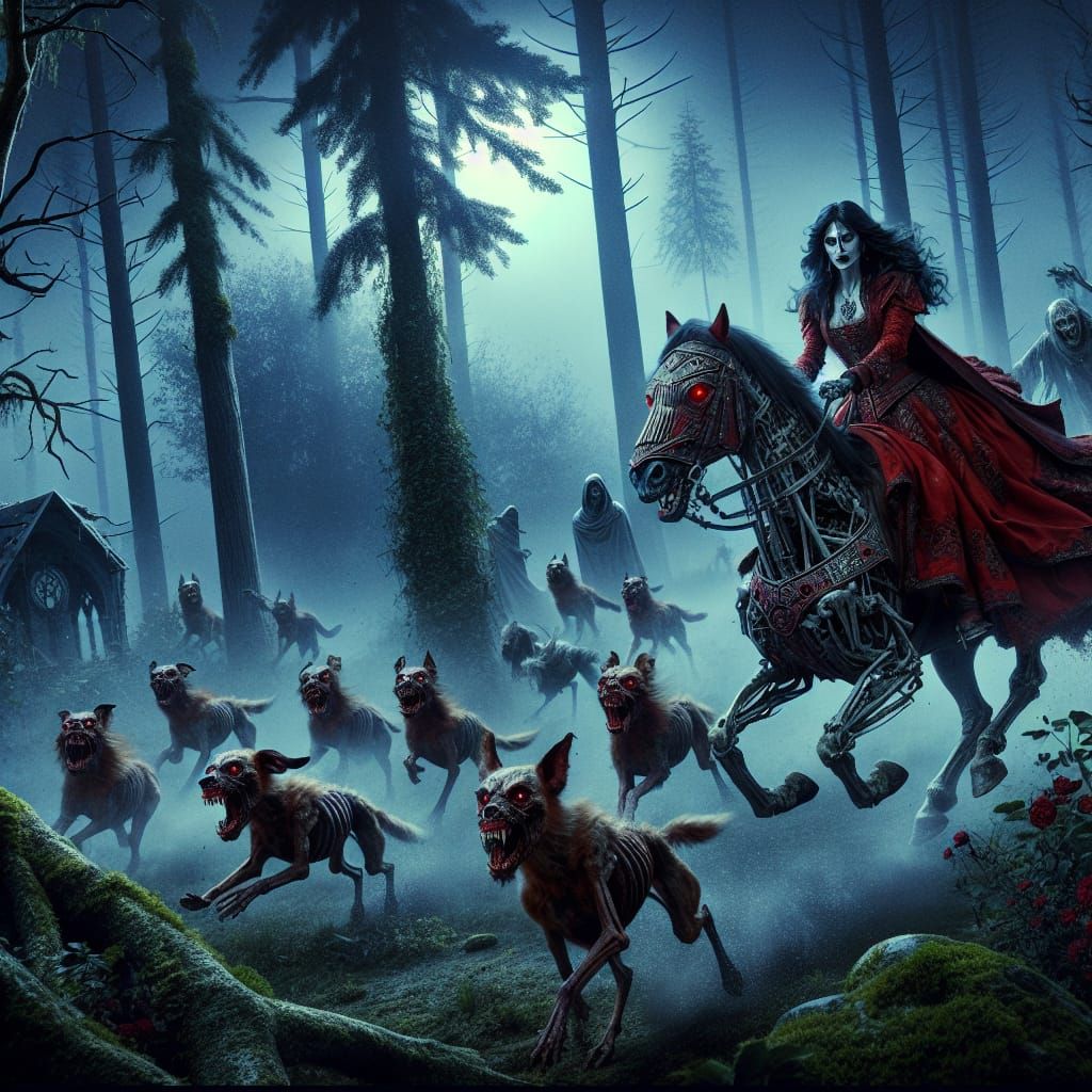 Vampire Huntress on Undead Steed in Dark Forest