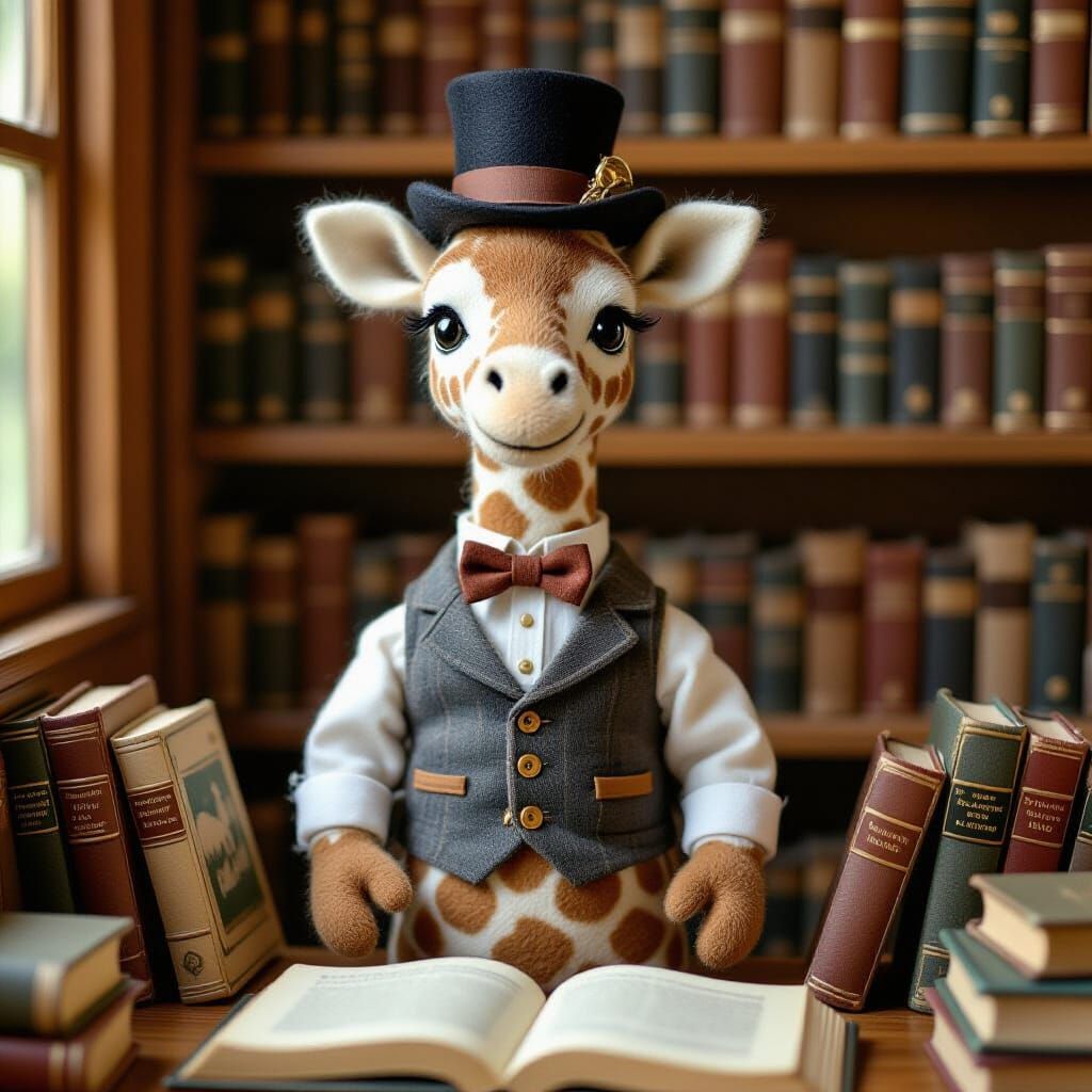 Felted Giraffe in Top Hat in Cozy Library