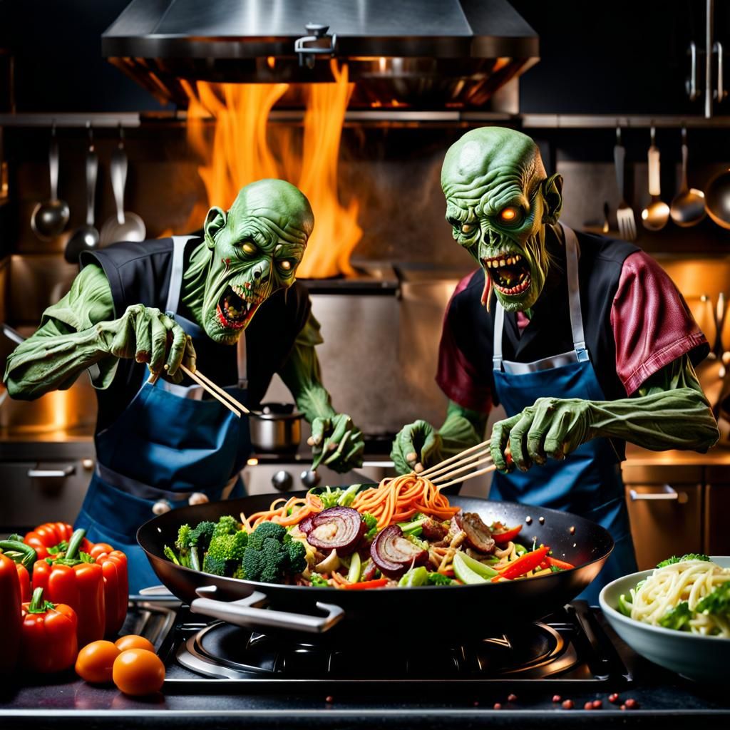 Zombies Cooking Stir Fry with Brains and Vegetables