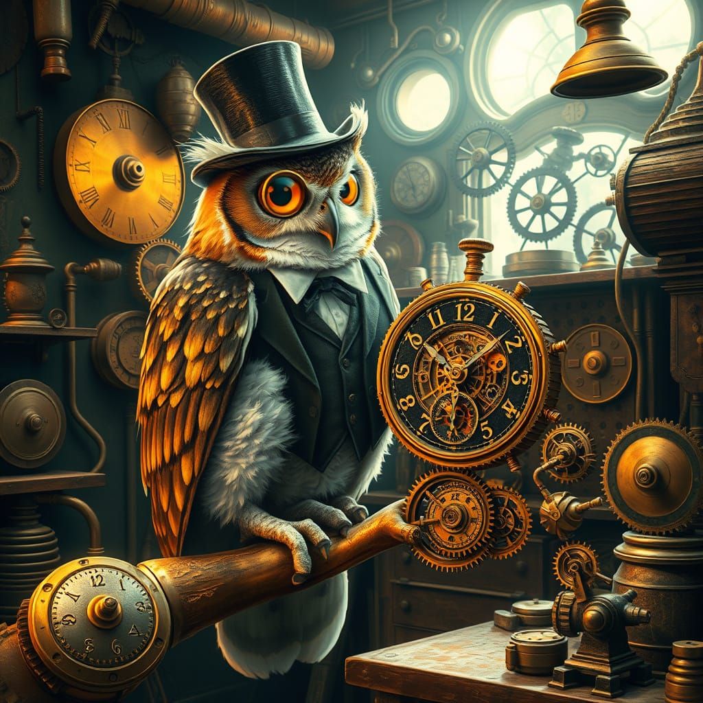 Steampunk Owl Tinkerer in Gear-Filled Workshop